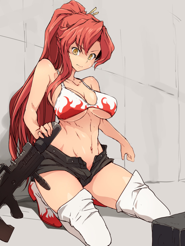 1girl bare_arms bare_shoulders bikini_top black_shorts boots breasts cleavage collarbone commentary_request commission eyebrows_visible_through_hair flame_print gun holding holding_gun holding_weapon kneeling large_breasts long_hair navel open_fly ponytail redhead rifle shaded_face short_shorts shorts single_sidelock solo stomach tengen_toppa_gurren_lagann thigh-highs thigh_boots uchiko_onigiri under_boob very_long_hair weapon white_bikini_top white_footwear yellow_eyes yoko_littner