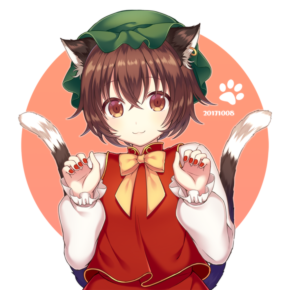 1girl :3 animal_ears bow brown_eyes brown_hair cat_ears cat_tail chen closed_mouth green_hat hat long_sleeves looking_at_viewer multiple_tails nail_polish red_nails short_hair skirt skirt_set smile solo tail touhou two_tails vest white_background yamayu yellow_bow