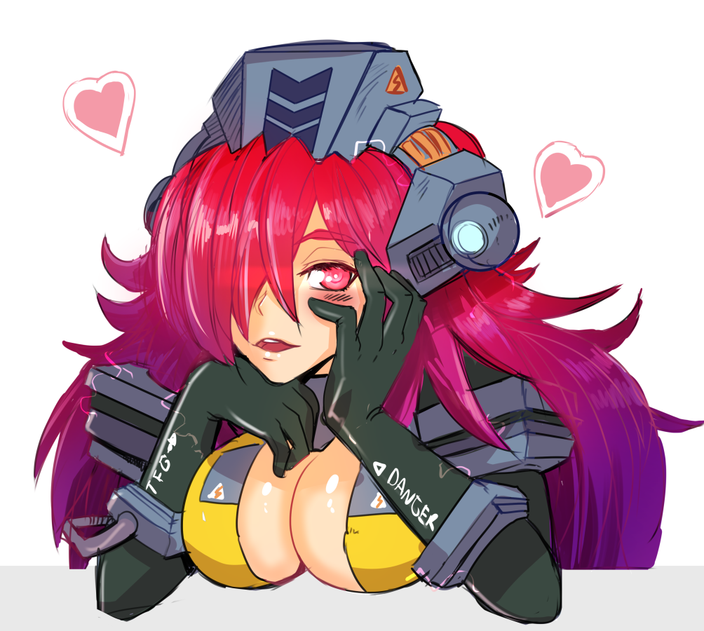 1girl armor blush bodysuit breasts cleavage gloves gradient_hair heart helmet hmage ion_(titanfall_2) large_breasts long_hair looking_at_viewer mecha_musume multicolored_hair personification purple_hair red_eyes redhead titanfall titanfall_2 yandere_trance