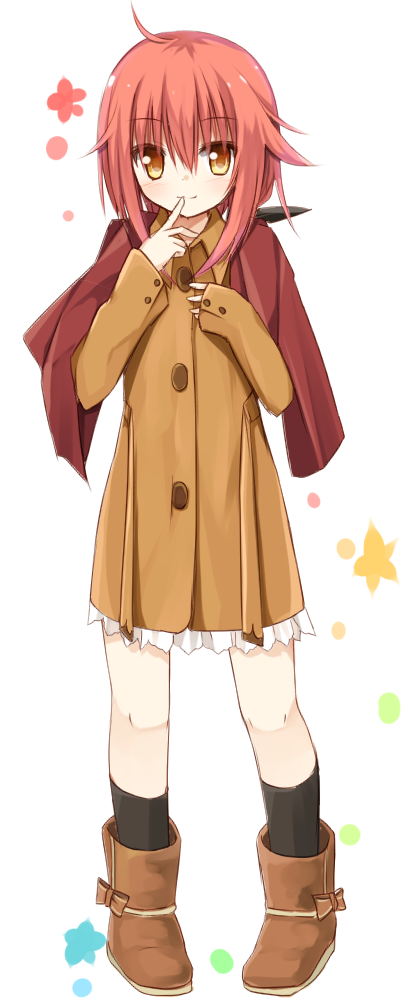 1girl black_legwear blush boots brown_coat brown_eyes brown_footwear buttons closed_mouth coat finger_to_mouth full_body hands_up kneehighs long_sleeves looking_at_viewer original pigeon-toed red_eyes simple_background sleeves_past_wrists smile solo standing white_background yuuhagi_(amaretto-no-natsu)