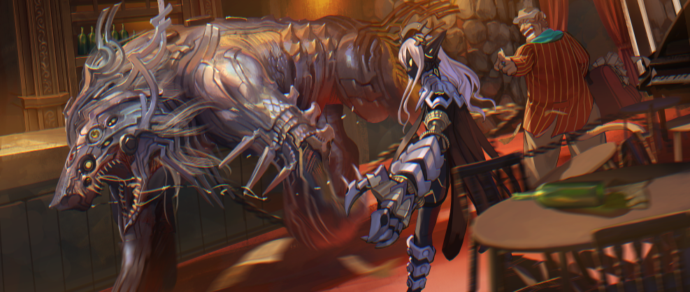 1boy 1girl animal_ears cape claws fantasy hat headgear indoors instrument long_hair mecha moneybag motion_blur open_mouth original ox_(baallore) piano pointing standing tail white_hair