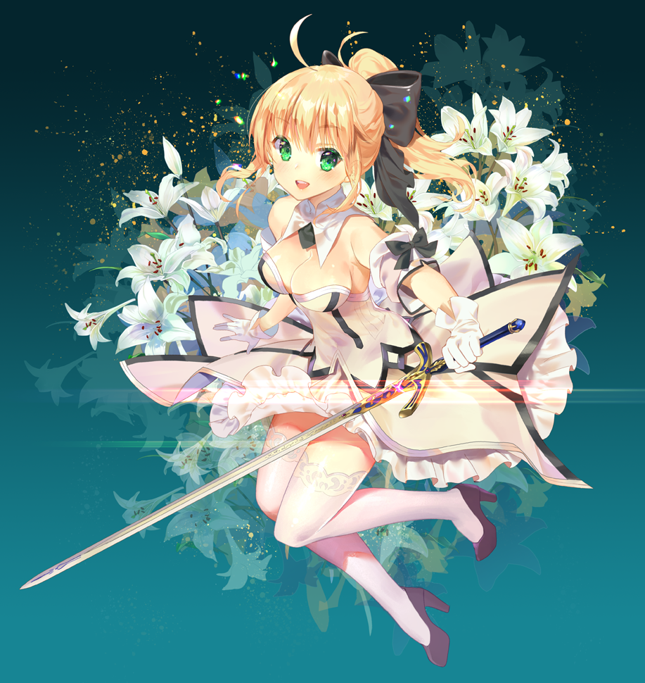 1girl artoria_pendragon_(all) bare_shoulders blonde_hair blush bow breasts commentary dress fate/unlimited_codes fate_(series) gloves green_eyes hair_bow high_heels holding holding_sword holding_weapon long_hair looking_at_viewer medium_breasts mintchoco_(orange_shabette) open_mouth saber saber_lily simple_background solo strapless strapless_dress sword thigh-highs weapon white_dress white_gloves white_legwear zettai_ryouiki