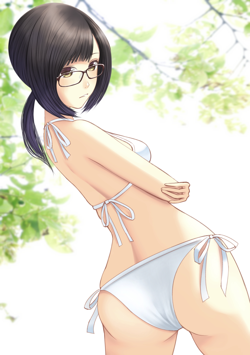 1girl ass bad_anatomy bikini black_hair brown-framed_eyewear brown_eyes day from_behind glasses hami_(hami-gerden) highres holding_elbow looking_at_viewer original outdoors parted_lips ponytail short_ponytail side-tie_bikini solo standing swimsuit white_bikini