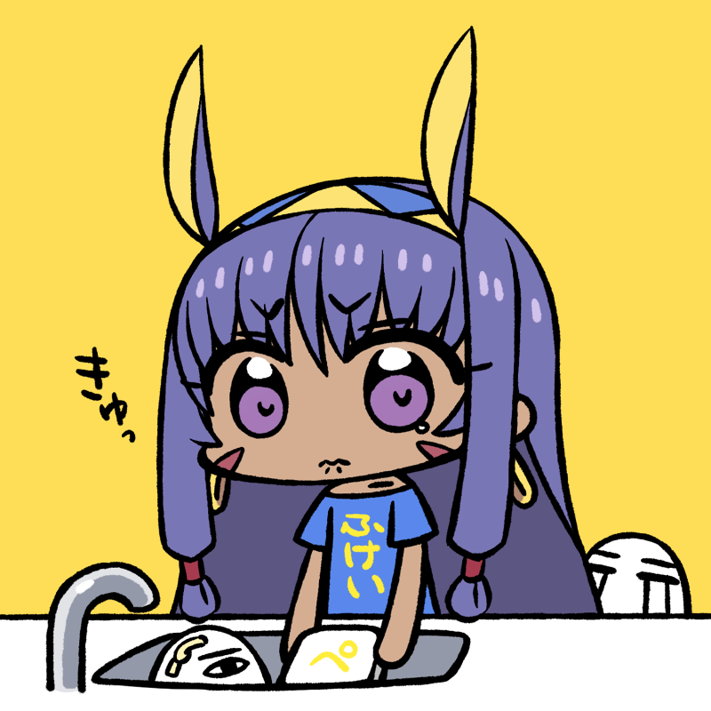 1girl alternate_costume animal_ears bangs blue_shirt casual chan_co chibi closed_mouth clothes_writing crying dark_skin dishwashing earrings eyebrows_visible_through_hair facial_mark fate/grand_order fate_(series) frown hair_tubes hairband hoop_earrings jackal_ears jewelry long_hair medjed nitocris_(fate/grand_order) purple_hair shirt short_sleeves simple_background sink standing streaming_tears tearing_up tears violet_eyes yellow_background