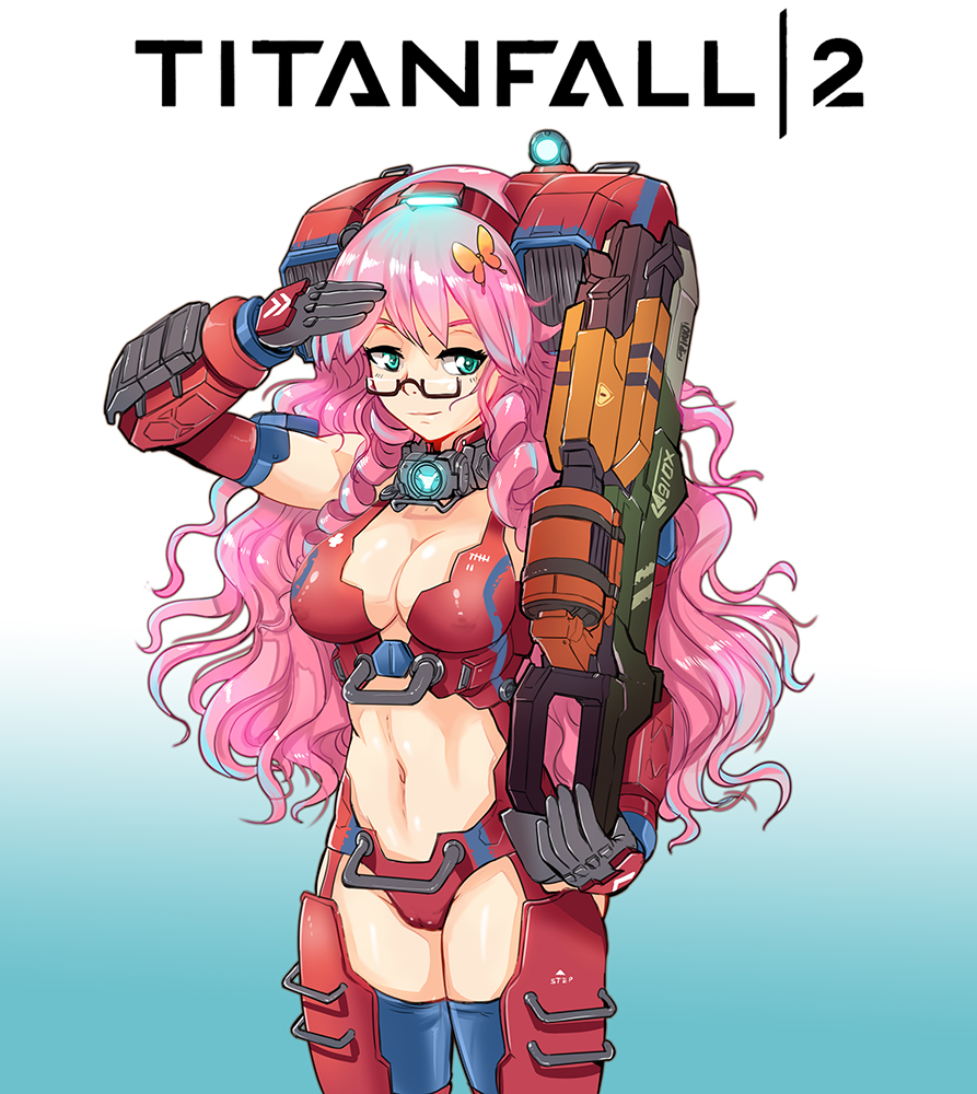 1girl armor backpack bag breasts butterfly_on_hair cleavage copyright_name glasses gloves green_eyes gun hair_ornament hmage long_hair machine_gun mecha_musume medium_breasts monarch_(titanfall_2) navel personification pink_hair stomach thigh-highs titanfall titanfall_2 weapon