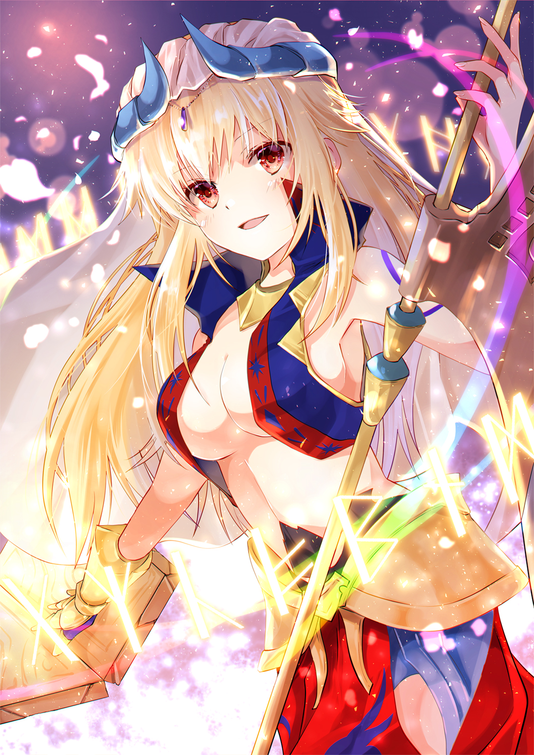 1girl arms_at_sides axe bangs blonde_hair book breasts cleavage commentary_request cowboy_shot cropped_vest day facial_tattoo fate_(series) genderswap genderswap_(mtf) gilgamesh gilgamesh_(caster)_(fate) hair_ornament highres iroha_(shiki) long_hair looking_at_viewer no_bra open_clothes open_mouth open_vest outstretched_arms petals red_eyes sideboob sidelocks standing tattoo vambraces vest weapon