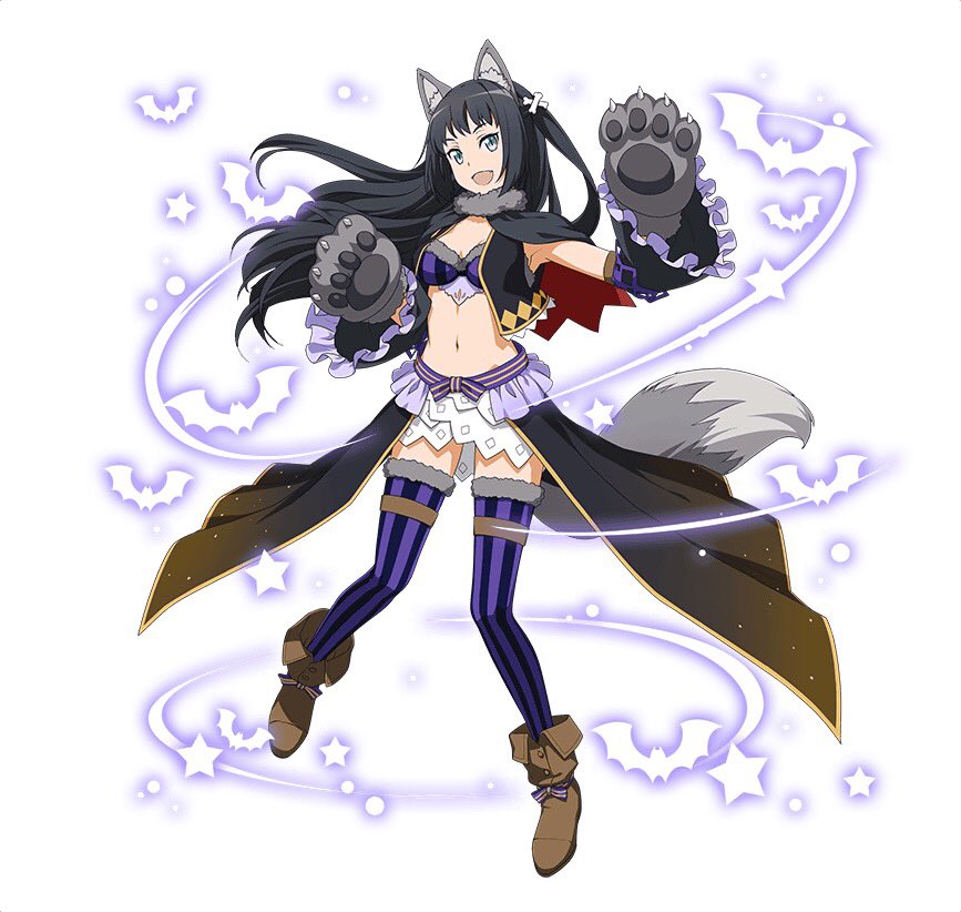 1girl :d animal_ears black_hair bra breasts brown_footwear character_request cleavage floating_hair full_body gloves grey_eyes grey_gloves halloween halloween_costume head_tilt long_hair looking_at_viewer medium_breasts midriff navel open_mouth paw_gloves paws simple_background smile solo stomach striped striped_legwear sword_art_online tail thigh-highs underwear vertical-striped_bra vertical-striped_legwear vertical_stripes very_long_hair white_background wolf_ears wolf_tail