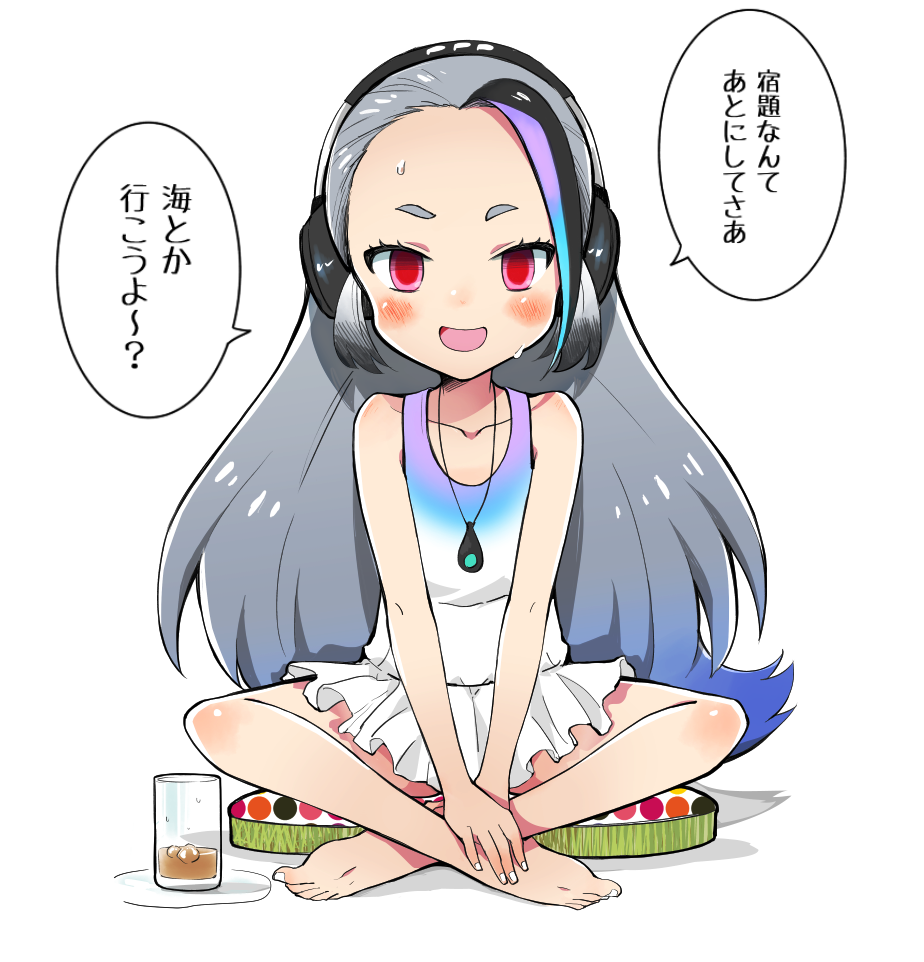 1girl :d alternate_costume bare_arms bare_legs bare_shoulders barefoot black_hair blue_shirt blush body_blush collarbone condensation cup dot_nose drink empty_eyes eyebrows eyelashes facing_viewer fingernails flat_chest forehead full_body giant_penguin_(kemono_friends) gradient gradient_clothes gradient_hair grey_hair headphones ice ice_cube jewelry kanimura_ebio kemono_friends long_hair looking_at_viewer miniskirt multicolored multicolored_clothes multicolored_hair multicolored_shirt nail_polish necklace open_mouth pink_eyes pleated_skirt purple_shirt shiny shiny_hair shirt sidelocks single_hair_intake sitting skirt smile solo speech_bubble straight_hair sweat talking tank_top text thick_eyebrows tongue tsurime v_arms very_long_hair white_nails white_shirt white_skirt