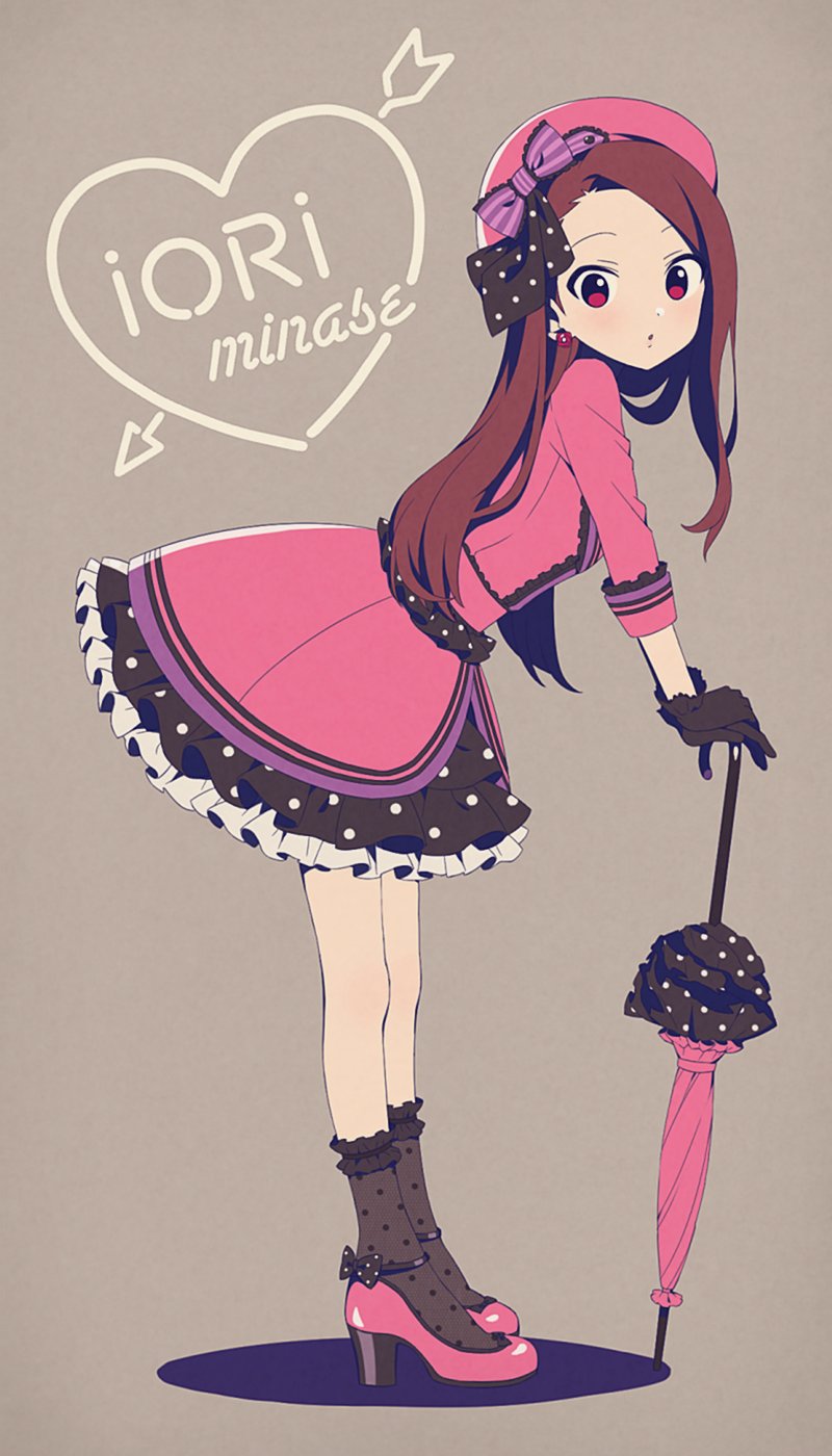 1girl :o arrow_through_heart beret black_gloves black_legwear black_skirt blush bow brown_background brown_hair closed_umbrella coat earrings frilled_skirt frills from_side full_body gloves hair_bow hat heart high_heels highres idolmaster idolmaster_(classic) jewelry leaning_forward long_hair long_sleeves looking_at_viewer looking_to_the_side minase_iori open_mouth own_hands_together pink_coat pink_footwear pink_hat pink_umbrella polka_dot polka_dot_legwear polka_dot_skirt purple_bow red_eyes simple_background skirt sleeve_cuffs sleeves_folded_up socks solo standing striped striped_bow tareme umbrella unini_99