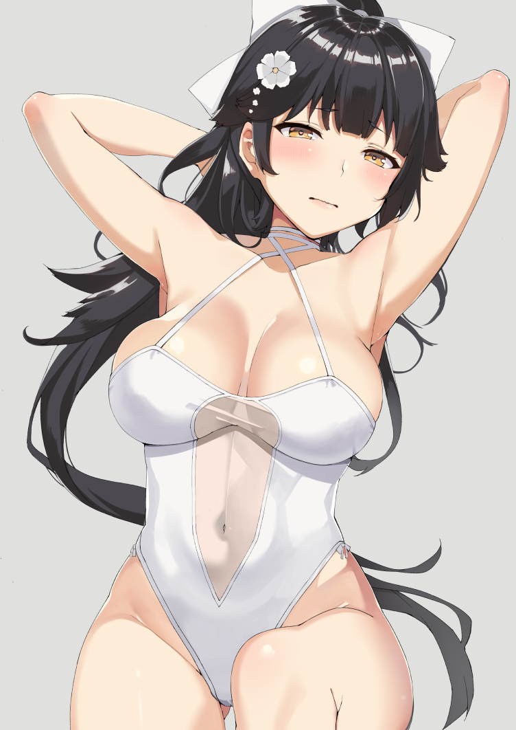 1girl armpits arms_behind_head arms_up azur_lane black_hair blush bow breasts brown_eyes casual_one-piece_swimsuit closed_mouth covered_navel cowboy_shot criss-cross_halter flower gluteal_fold grey_background hair_bow hair_flower hair_ornament halterneck heart heart-shaped_pupils highleg highleg_swimsuit large_breasts long_hair looking_at_viewer navel nuko_(mikupantu) one-piece_swimsuit ponytail see-through solo swimsuit symbol-shaped_pupils takao_(azur_lane) very_long_hair wavy_mouth white_bow white_flower white_swimsuit