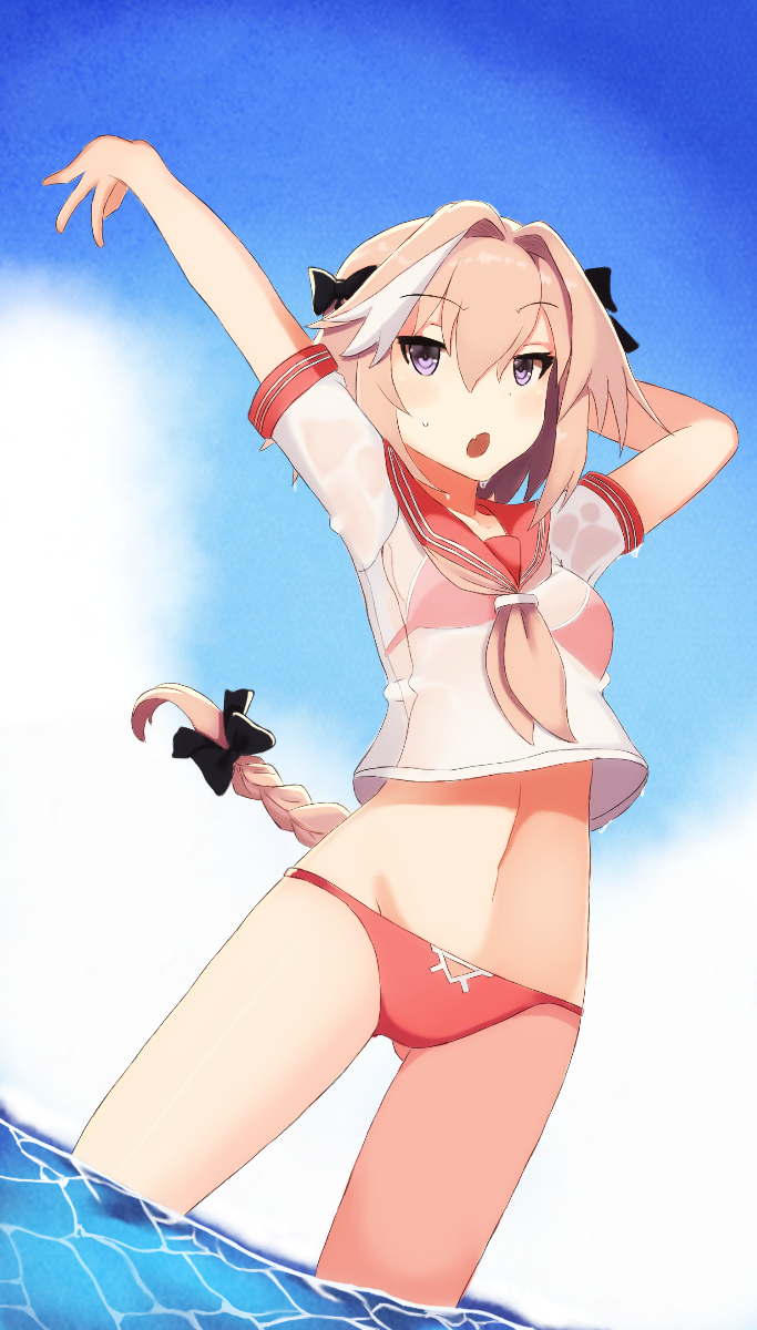 1girl arms_up bikini black_bow bow braid breasts crop_top day dutch_angle eyebrows_visible_through_hair fang fate/apocrypha fate/grand_order fate_(series) genderswap genderswap_(mtf) gluteal_fold hair_bow hair_intakes highres long_hair multicolored_hair navel open_mouth outdoors pink_bikini pink_hair red_sailor_collar rider_of_black school_uniform see-through serafuku single_braid small_breasts solo sonzai_soumei streaked_hair swimsuit very_long_hair violet_eyes wading water wet wet_clothes