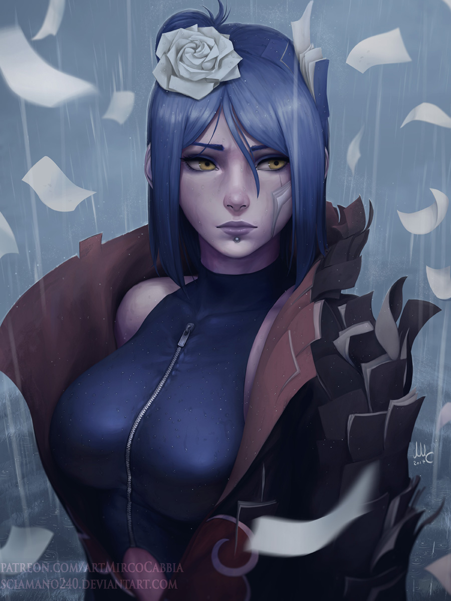 1girl akatsuki_(naruto) blue_hair cloak flower hair_bun hair_flower hair_ornament highres konan looking_to_the_side mirco_cabbia naruto naruto_shippuuden open_cloak paper piercing rain sleeveless solo upper_body wet yellow_eyes zipper zipper_pull_tab