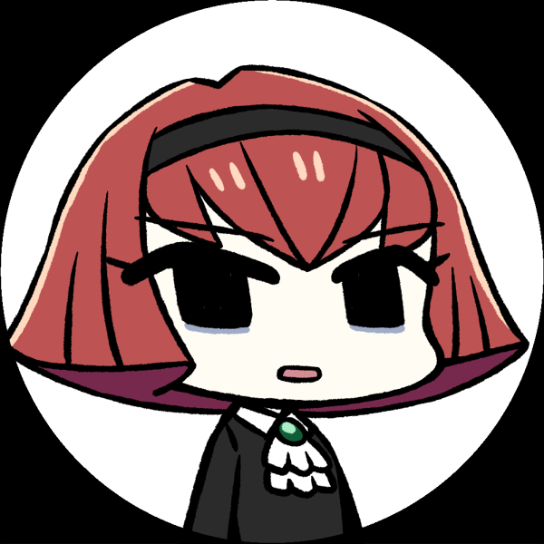 1girl ascot bags_under_eyes black_dress black_eyes chan_co chibi commentary_request dress eyebrows_visible_through_hair frame gem hairband jitome long_sleeves looking_at_viewer parted_lips portrait r_dorothy_wayneright redhead short_hair solo the_big_o white_background white_neckwear