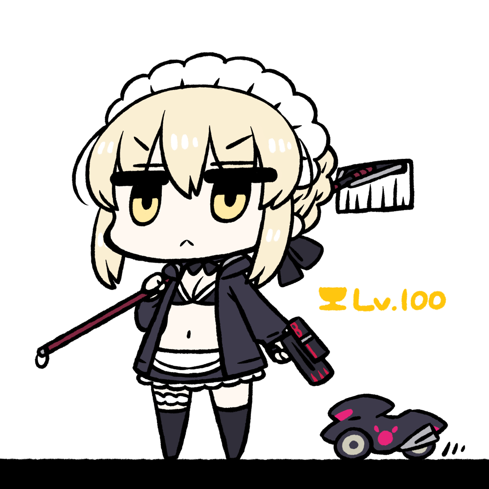 &gt;:&lt; 1girl :&lt; artoria_pendragon_(swimsuit_rider_alter)_(fate) bikini black_jacket blonde_hair breasts broom chan_co chibi cleavage closed_mouth commentary fate/grand_order fate_(series) garters ground_vehicle gun hair_between_eyes handgun holding holding_broom holding_gun holding_weapon jacket jitome legs_apart long_sleeves looking_at_viewer maid maid_bikini maid_headdress motor_vehicle motorcycle navel over_shoulder pistol simple_background solo standing swimsuit thigh-highs weapon white_background yellow_eyes