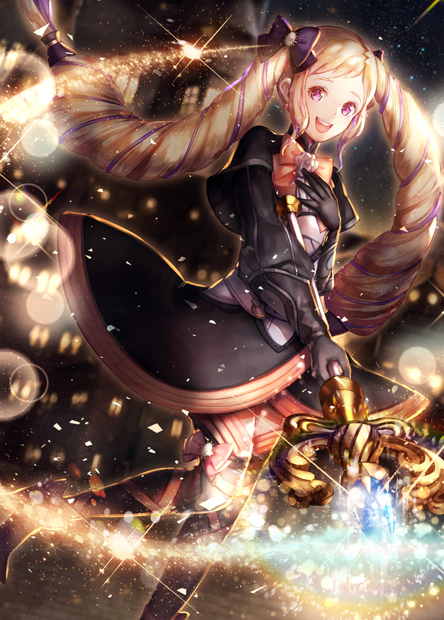 1girl :d black_bow black_gloves blonde_hair bow drill_hair ekm elise_(fire_emblem_if) fire_emblem fire_emblem_if gloves hair_bow holding holding_staff long_hair looking_at_viewer open_mouth pink_eyes smile solo staff standing twin_drills very_long_hair