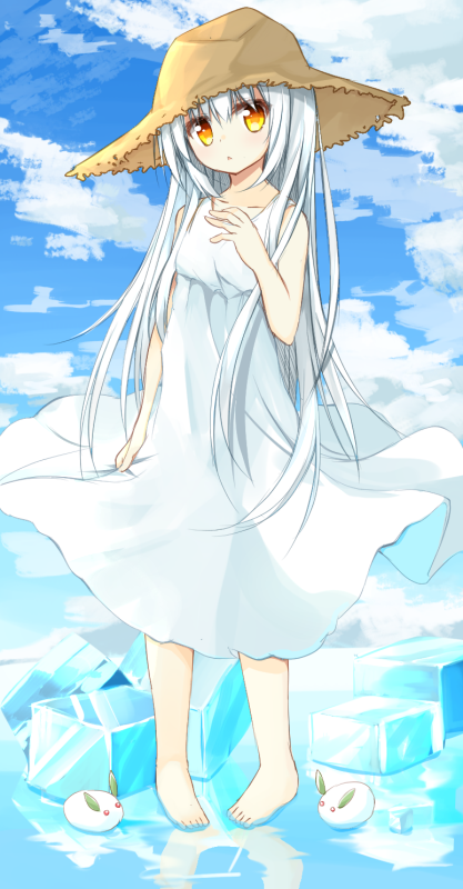 1girl :&lt; bangs bare_arms barefoot blue_sky blush brown_hat clouds cloudy_sky collarbone day dress dress_grab full_body hair_between_eyes hand_on_own_chest hand_up hat head_tilt ice long_hair looking_at_viewer orange_eyes original outdoors parted_lips silver_hair sky sleeveless sleeveless_dress snow_bunny solo standing straw_hat sundress triangle_mouth very_long_hair white_dress yuuhagi_(amaretto-no-natsu)