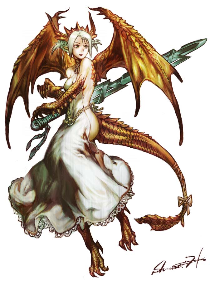 1girl bare_shoulders breasts chains choker claws closed_mouth dragon_girl dragon_horns dragon_tail dragon_wings dress eyebrows eyelashes facing_away full_body halterneck hino_shinnosuke holding holding_sword holding_weapon horns huge_weapon lace lace-trimmed_dress light_smile lips looking_away looking_to_the_side medium_breasts no_bra no_panties o-ring open-back_dress original pink_lips pointy_ears ribbon scales short_hair sideboob sidelocks signature simple_background solo spikes sword tail tail_ribbon weapon white_background white_dress white_eyes white_hair white_neckwear white_ribbon wings