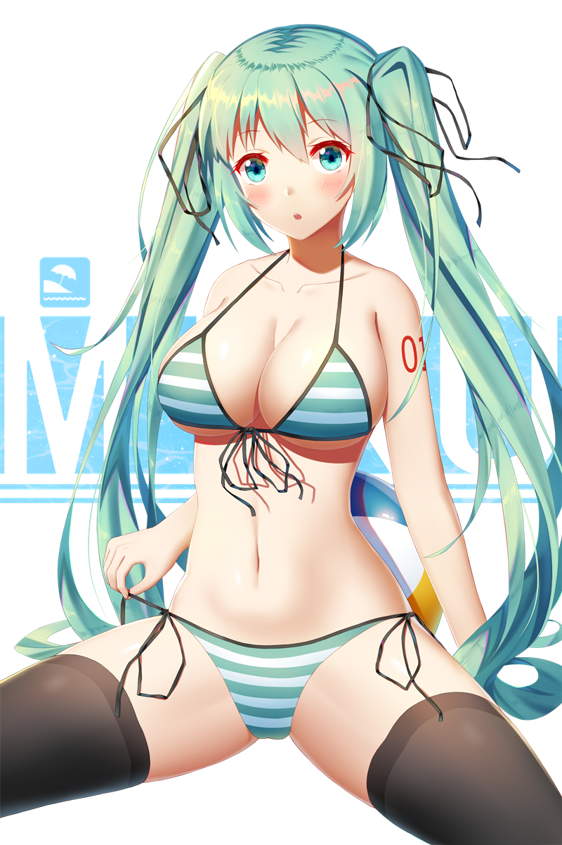 1girl :o aqua_bikini aqua_eyes bangs bikini black_legwear black_ribbon blush breasts character_name cleavage collarbone eyebrows_visible_through_hair front-tie_bikini front-tie_top green_hair hair_between_eyes hair_ribbon hatsune_miku highres ji_dao_ji large_breasts legs_apart long_hair looking_at_viewer navel open_mouth ribbon shoulder_tattoo side-tie_bikini sidelocks sitting solo striped striped_bikini swimsuit tareme tattoo thigh-highs thighs twintails very_long_hair vocaloid