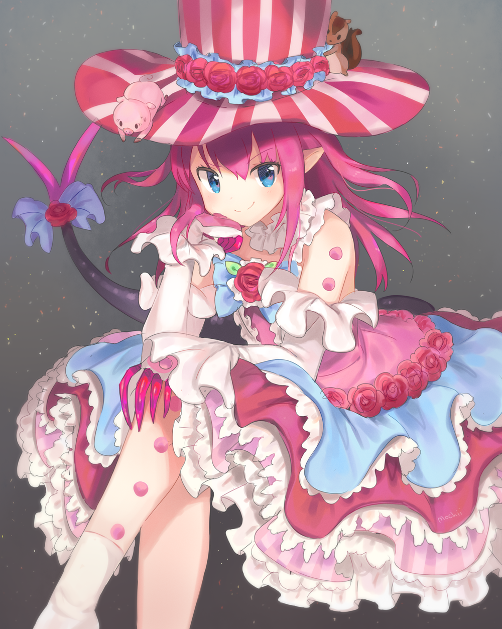&gt;:) 1girl bare_shoulders blue_eyes blush chin_rest closed_mouth commentary detached_sleeves dragon_tail dress eyebrows_visible_through_hair fate/extra fate/extra_ccc fate_(series) feet_out_of_frame fingernails flower frilled_dress frilled_sleeves frills grey_background hat hat_flower highres lancer_(fate/extra_ccc) legs_crossed long_hair long_sleeves looking_at_viewer mochii pig pink_hair pointy_ears rose sharp_fingernails shoes sitting solo squirrel tail tail_flower tail_ornament top_hat white_legwear