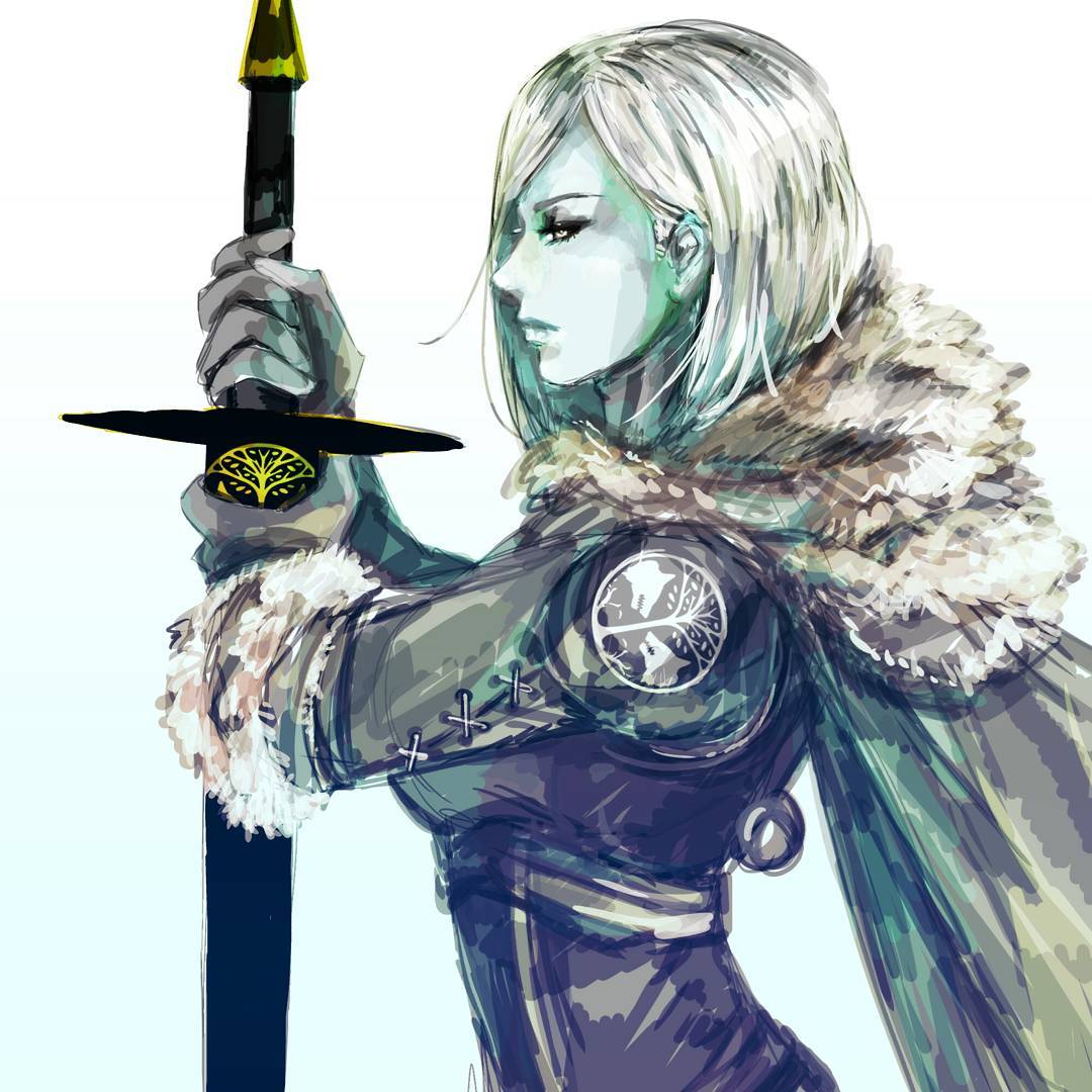 1girl armor blue_skin destiny_(game) fur_collar gloves hunter_(destiny) nvalkyrja short_hair sword tagme weapon white_hair