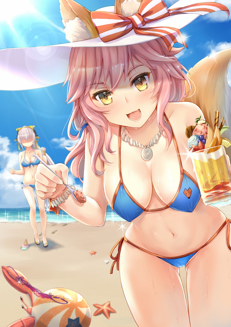 2girls :d animal_ears bare_arms bare_shoulders beach bikini blue_bikini blue_sky blush breasts cleavage clouds commentary_request cowboy_shot cup day drink drinking_glass ears_through_headwear fox_ears fox_tail groin hanging_breasts hat hidden_face holding holding_drinking_glass jewelry kiyohime_(fate/grand_order) kiyohime_(swimsuit_lancer)_(fate) leaning_forward light_rays looking_at_viewer medium_breasts multiple_girls necklace ocean open_mouth pov sand sky smile sparkle spoon standing sun_hat sunbeam sunlight swimsuit tagme tail tamamo_(fate)_(all) tamamo_no_mae_(swimsuit_lancer)_(fate) thigh_gap white_hat yuemanhuaikong