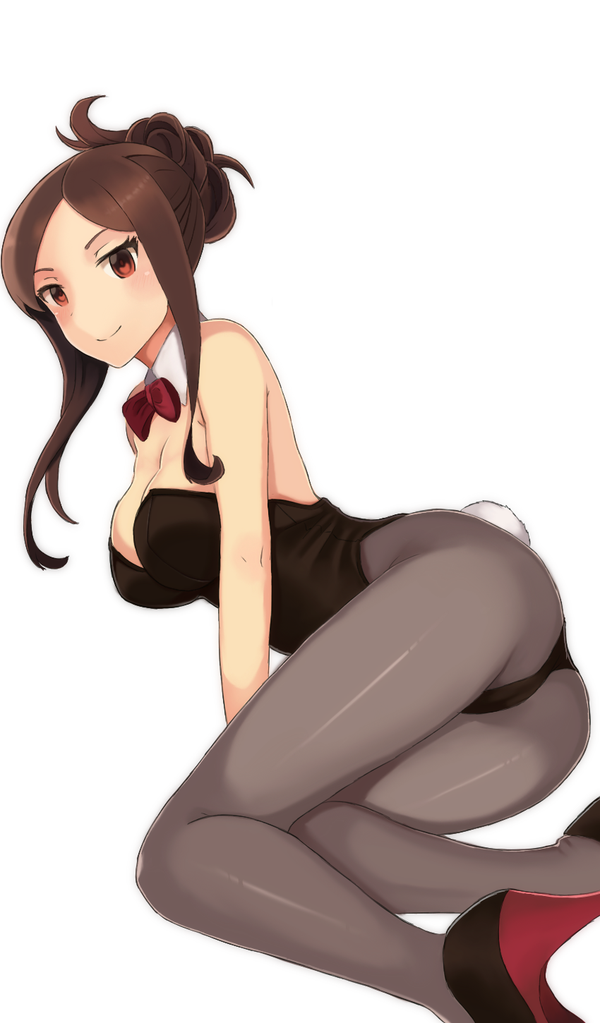 1girl ass black_legwear black_leotard bow bowtie breasts brown_eyes brown_hair bunny_tail bunnysuit detached_collar dorothy_(princess_principal) full_body hair_up high_heels highres large_breasts leotard long_hair looking_at_viewer lying on_side pantyhose princess_principal smile solo sonzai_soumei strapless strapless_leotard tail violet_eyes white_background