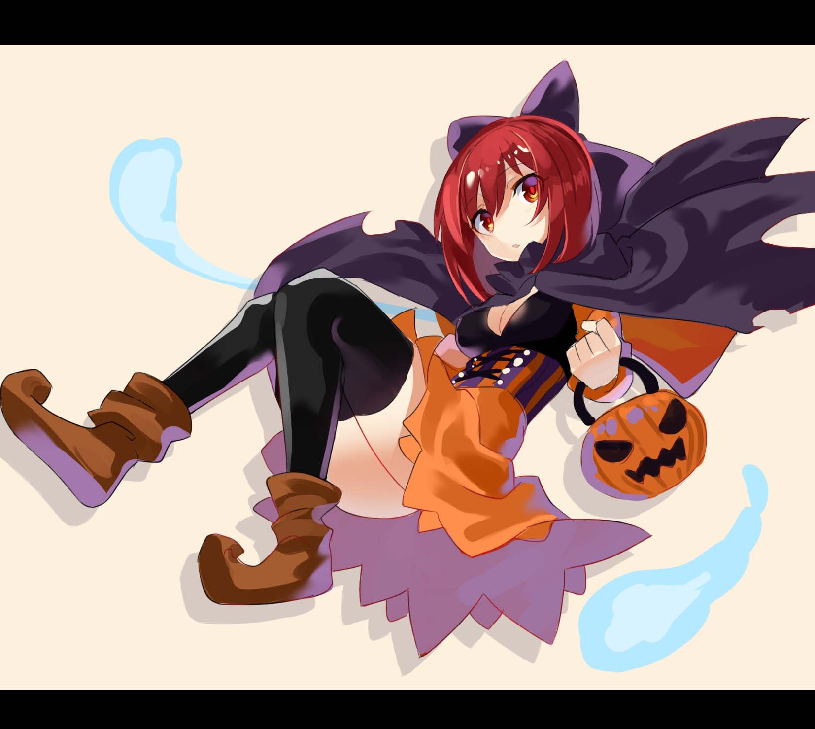 1girl :o adapted_costume basket black_legwear boots bow breasts brown_footwear cape cleavage corset dress expressionless grabbing hair_bow highres jack-o'-lantern looking_at_viewer looking_to_the_side orange_dress red_eyes redhead rin_falcon sekibanki short_hair simple_background skirt striped touhou