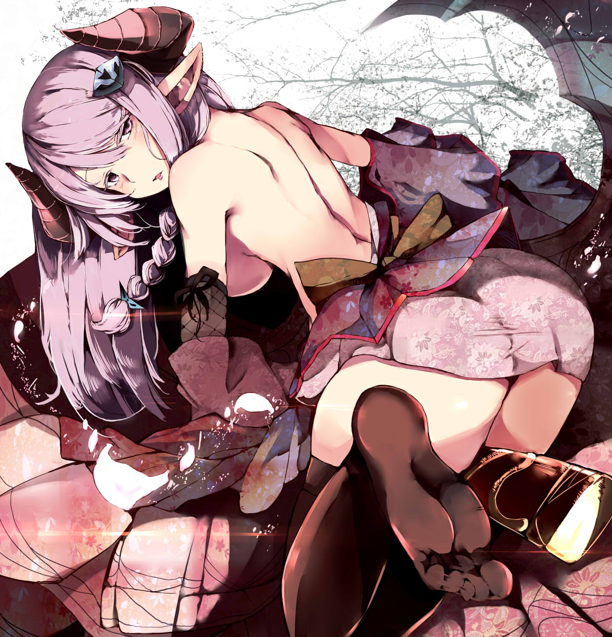 ass back blush braid breasts feet granblue_fantasy hair_ornament hairclip highres horns long_hair looking_at_viewer looking_back narumeia_(granblue_fantasy) no_shoes pointy_ears purple_hair soles sword thigh-highs tied_hair toes venomrobo weapon