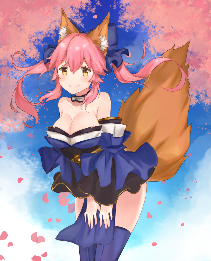 1girl animal_ears bangs bare_shoulders black_legwear blue_dress blue_ribbon blue_sky blush breasts cherry_blossoms choker cleavage closed_mouth clouds commentary cowboy_shot dress eyebrows_visible_through_hair fate/extra fate_(series) fox_ears fox_tail hair_between_eyes hair_ribbon japanese_clothes kimono large_breasts legs_together long_hair looking_at_viewer mochii obi off_shoulder pelvic_curtain petals ribbon sash sky smile solo standing tail tamamo_(fate)_(all) tamamo_no_mae_(fate) thigh-highs two_side_up wide_sleeves yellow_eyes