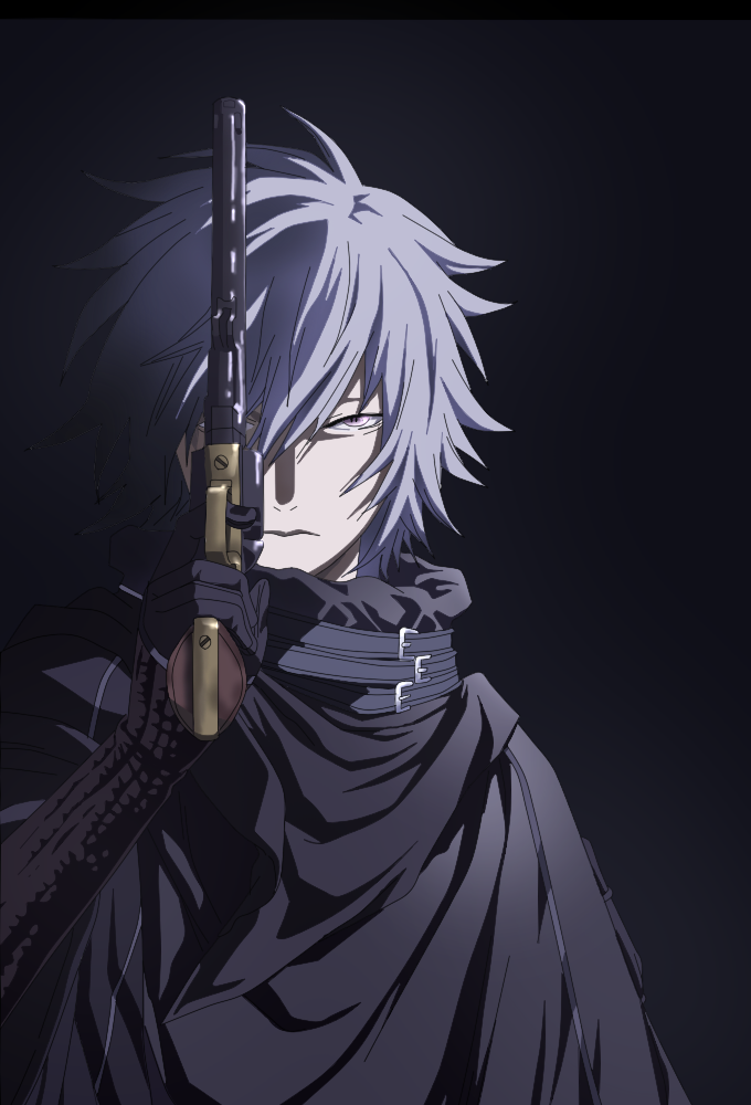 1boy black_background black_gloves character_request gloves gun hair_between_eyes holding holding_gun holding_weapon looking_at_viewer mikann0206 pink_eyes silver_hair simple_background solo upper_body weapon