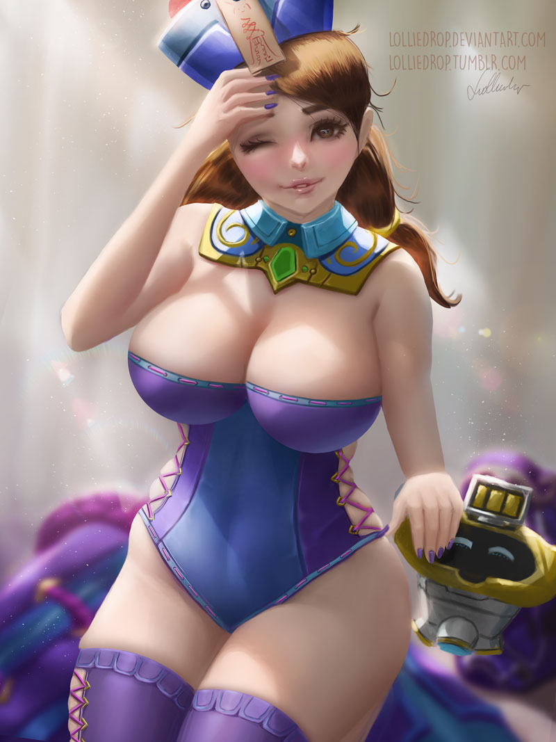 1girl alternate_costume blurry breasts brown_hair chinese_clothes cleavage clothes_removed depth_of_field detached_collar deviantart_username jiangshi_mei large_breasts leotard lolliedrop looking_at_viewer low_twintails mei_(overwatch) nail_polish one_eye_closed overwatch parted_lips skindentation smile snowball_(overwatch) solo thigh-highs tumblr_username twintails watermark web_address