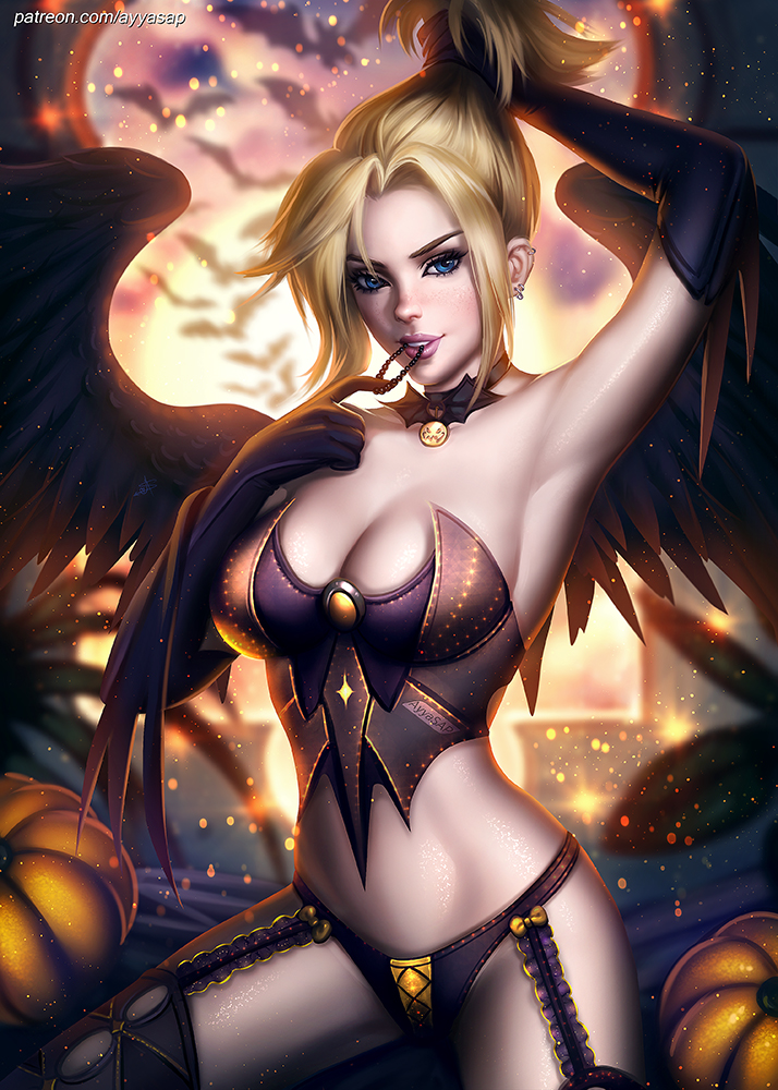 1girl arm_up armpits artist_name artist_signature ayya_saparniyazova bare_shoulders blonde_hair blue_eyes breasts choker cleavage earrings elbow_gloves garter_straps gloves hair_tie halloween high_ponytail holding holding_hair jewelry looking_at_viewer mercy_(overwatch) mouth_hold overwatch panties pinup pumpkin sitting solo spread_wings strapless thigh-highs tubetop underwear witch witch_mercy