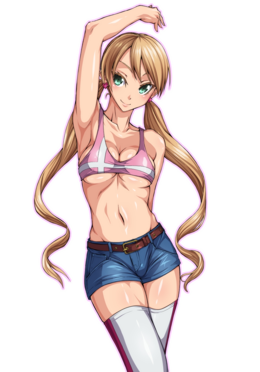 1girl arm_up blue_shorts bra breasts cleavage collarbone earrings green_eyes gundam gundam_tekketsu_no_orphans heart heart_earrings highres jewelry lafter_frankland light_brown_hair long_hair looking_at_viewer medium_breasts midriff navel ozaneko pink_bra shiny shiny_clothes shiny_skin short_shorts shorts sideboob simple_background smile solo sports_bra stomach thigh-highs twintails under_boob underwear very_long_hair white_background white_legwear