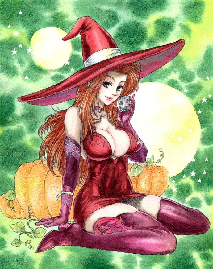 1girl arm_behind_back bare_shoulders big_hat boots breasts center_opening choker cleavage closed_mouth collarbone deneb_rove dress elbow_gloves eyebrows eyelashes facing_away full_body full_moon gem gloves green_background hair_intakes hat high_heel_boots high_heels holding jack-o'-lantern kikimimi_612 large_breasts leaf long_hair marker_(medium) microdress moon nose orange_eyes orange_hair pink_lips pumpkin purple_gloves purple_legwear purple_neckwear red_dress red_hat shiny shiny_hair short_dress sidelocks sitting smile solo star strapless strapless_dress tactics_ogre thigh-highs thigh_boots traditional_media wariza witch witch_hat zettai_ryouiki