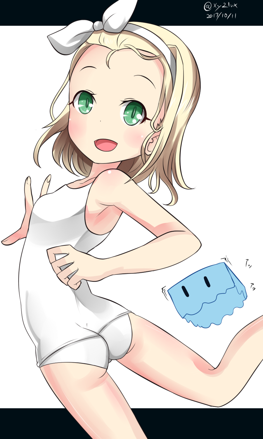 1girl ass blonde_hair character_name creature dated flat_chest from_behind green_eyes hairband hebitsukai-san highres i-504_(kantai_collection) kantai_collection looking_at_viewer looking_back luigi_torelli_(kantai_collection) open_mouth school_swimsuit smile swimsuit twitter_username white_hairband white_school_swimsuit white_swimsuit