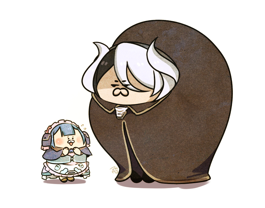 1boy 1girl aa2233a blue_hair brown_footwear hair_ornament horns made_in_abyss maid maruruk ozen size_difference whistle