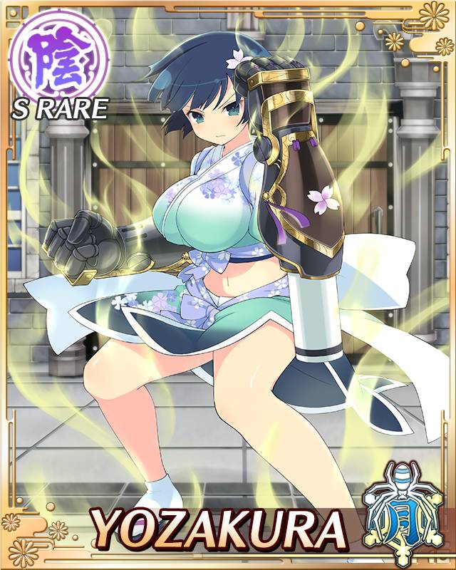 1girl aqua_eyes aura bare_legs bent_knees blue_eyes blue_hair breasts card_(medium) character_name emblem flower gauntlets hair_flower hair_ornament huge_breasts japanese_clothes navel official_art power_fist sandals senran_kagura senran_kagura_(series) senran_kagura_new_wave short_hair socks solo yaegashi_nan yozakura_(senran_kagura)