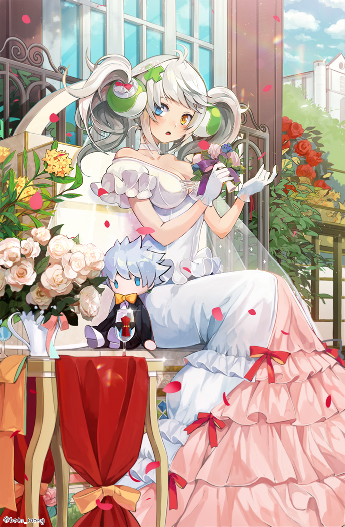 1girl bare_shoulders blue_eyes blush bosack breasts cleavage collarbone dress eyebrows_visible_through_hair flower gloves heterochromia large_breasts long_hair looking_at_viewer open_mouth original short_twintails silver_hair sitting solo twintails vase wedding_dress white_dress white_gloves yellow_eyes