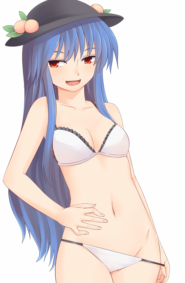 1girl :d bangs bare_arms black_hat blue_hair bra breasts cleavage cowboy_shot eyebrows_visible_through_hair food fruit groin hand_on_own_stomach hat hinanawi_tenshi leaf long_hair looking_at_viewer medium_breasts miyo_(ranthath) navel open_mouth panties panty_pull peach pulled_by_self red_eyes sidelocks simple_background smile solo touhou underwear underwear_only white_background white_bra white_panties