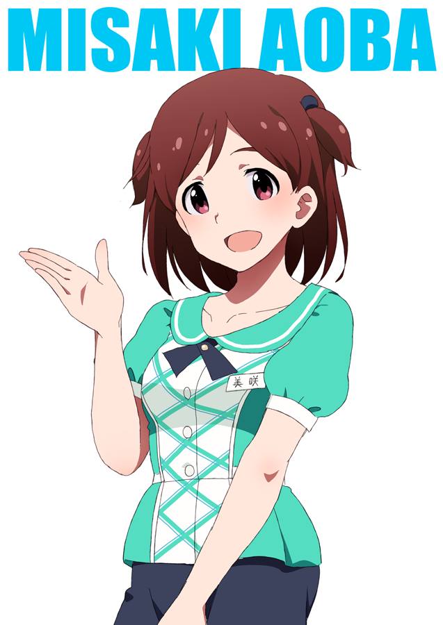 1girl aoba_misaki brown_eyes brown_hair character_name idolmaster idolmaster_million_live! idolmaster_million_live!_theater_days looking_at_viewer name_tag nanakura_nanane official_style open_mouth pink_eyes puffy_short_sleeves puffy_sleeves short_hair short_sleeves simple_background smile two_side_up upper_body white_background