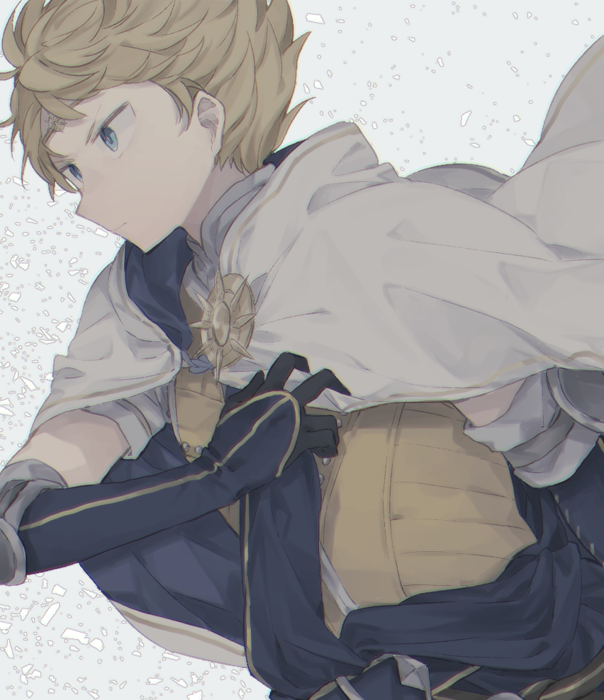 1boy armor blonde_hair blue_eyes cape circlet fire_emblem fire_emblem_musou gloves grey_background male_focus rowan_(fire_emblem) solo upper_body