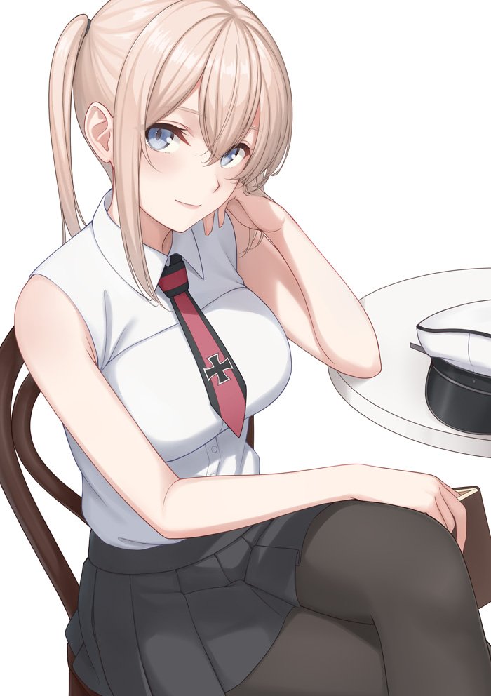 1girl adapted_costume blonde_hair blue_eyes blue_skirt blush book breasts chair graf_zeppelin_(kantai_collection) hair_between_eyes hand_on_own_cheek hand_on_own_leg hat hat_removed headwear_removed holding holding_book kantai_collection large_breasts legs_crossed long_hair looking_at_viewer nananichi open_book pantyhose peaked_cap pleated_skirt reading red_neckwear shirt sidelocks simple_background skirt sleeveless sleeveless_shirt smile solo table twintails upper_body white_background white_shirt