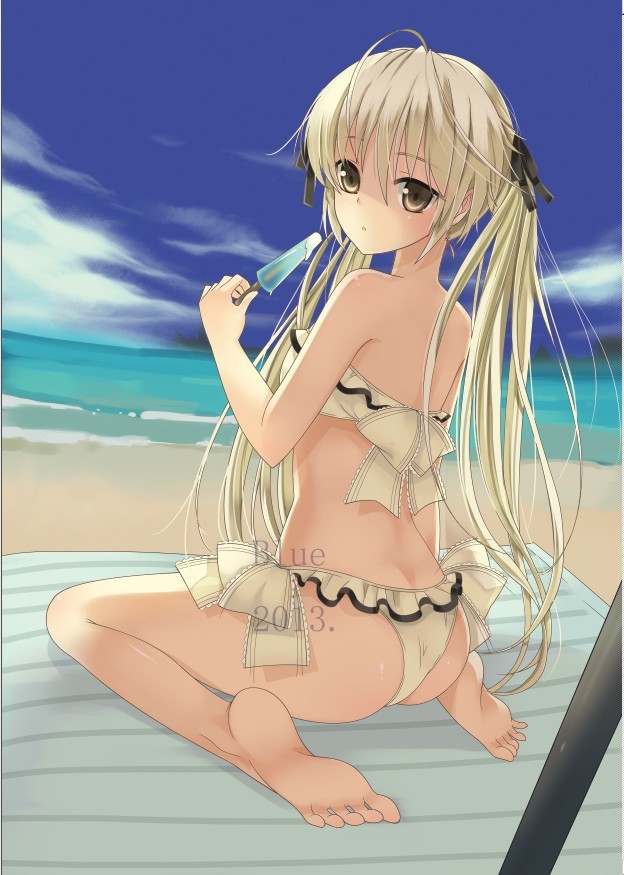 1girl 2013 ass barefoot beach bikini black_ribbon blue_(bluelot) brown_eyes day eyebrows_visible_through_hair feet food from_behind hair_between_eyes hair_ribbon holding holding_food ice_cream kasugano_sora kneeling long_hair looking_at_viewer looking_back ocean outdoors ribbon shiny shiny_skin silver_hair soles solo strapless strapless_bikini swimsuit toes twintails very_long_hair white_bikini yosuga_no_sora