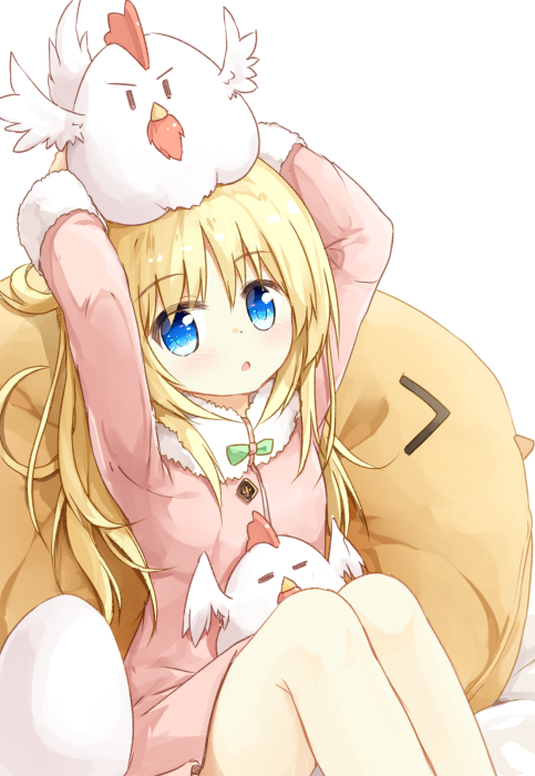 1girl :o =_= animal animal_on_head animal_pillow arms_up bangs bed_sheet bird blonde_hair blue_eyes blush chicken chicken_on_head commentary_request egg eyebrows_visible_through_hair fur_collar long_hair long_sleeves looking_at_viewer on_head original parted_lips pink_coat sitting solo tareme white_background yuuhagi_(amaretto-no-natsu) |_|