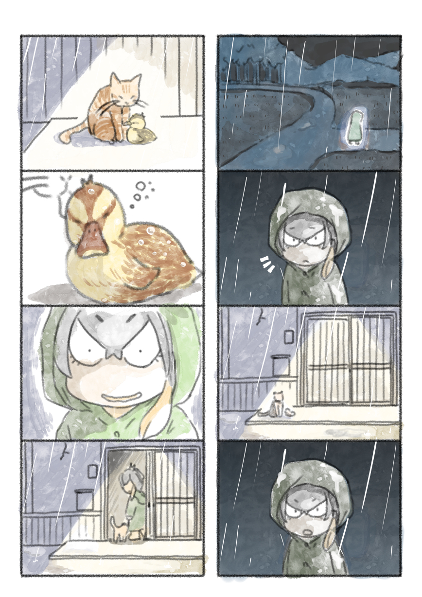 1girl 4koma animal bird cat comic duck duckling grey_hair highres kemono_friends murakami_rei night rain raincoat shoebill_(kemono_friends) silent_comic