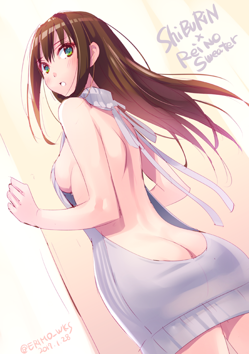 1girl ass back backless_outfit bangs bare_back blush breasts brown_hair butt_crack character_name commentary_request cowboy_shot dated dress dutch_angle eyebrows_visible_through_hair floating_hair from_behind green_eyes hair_between_eyes halterneck hands_up idolmaster idolmaster_cinderella_girls indoors long_hair looking_at_viewer looking_back medium_breasts meme_attire naked_sweater nishimura_eri open-back_dress parted_lips shibuya_rin shoulder_blades sideboob signature solo sweater sweater_dress turtleneck turtleneck_sweater twitter_username virgin_killer_sweater