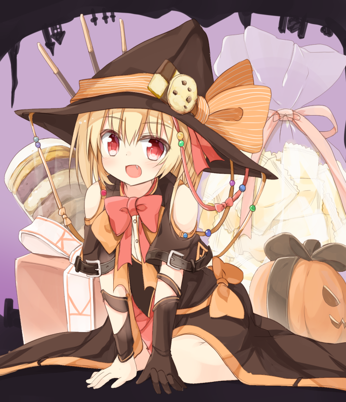 1girl :d arm_support bag bangs belt_buckle black_belt black_bow blonde_hair bow bowtie box brown_gloves brown_hat brown_robe buckle checkerboard_cookie chocolate_chip_cookie commentary_request cookie eyebrows_visible_through_hair fang food gift gift_box gloves hat jack-o'-lantern looking_at_viewer open_mouth orange_bow pink_neckwear pink_skirt pleated_skirt red_eyes robe rumia single_glove sitting skirt smile solo touhou transparent wariza witch_hat yuuhagi_(amaretto-no-natsu)