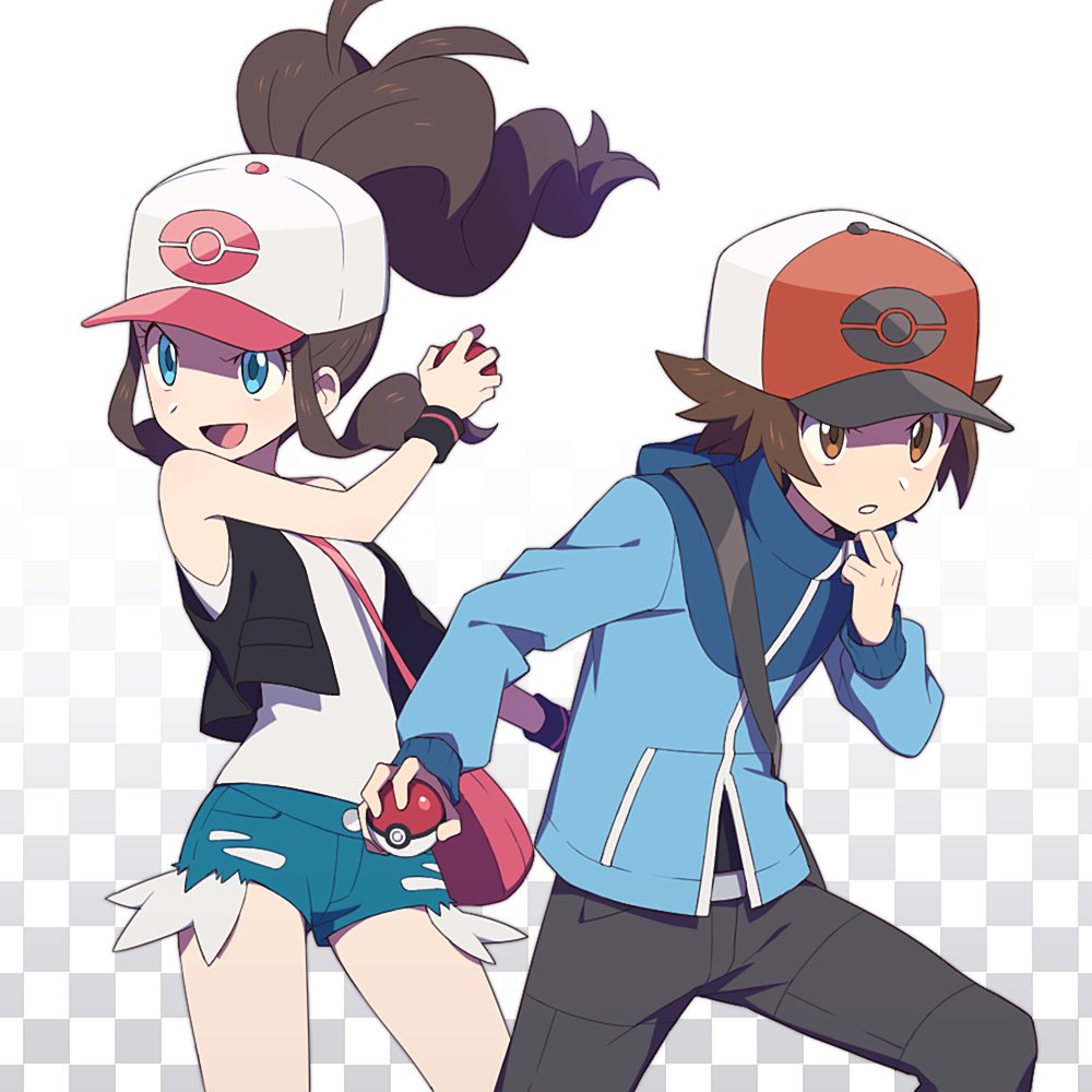 1boy 1girl bag bare_arms baseball_cap blue_eyes brown_eyes brown_hair checkered checkered_background denim denim_shorts frown hat jacket long_sleeves open_mouth pants poke_ball pokemon pokemon_(game) pokemon_bw shorts simple_background smile tank_top touko_(pokemon) touya_(pokemon) unini_99 vest white_background wristband