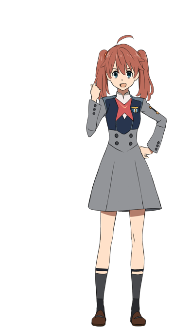 1girl brown_footwear code:390 darling_in_the_franxx dress full_body green_eyes hand_on_hip looking_at_viewer mary_janes official_art open_mouth school_uniform shoes smile sock_garters socks solo twintails