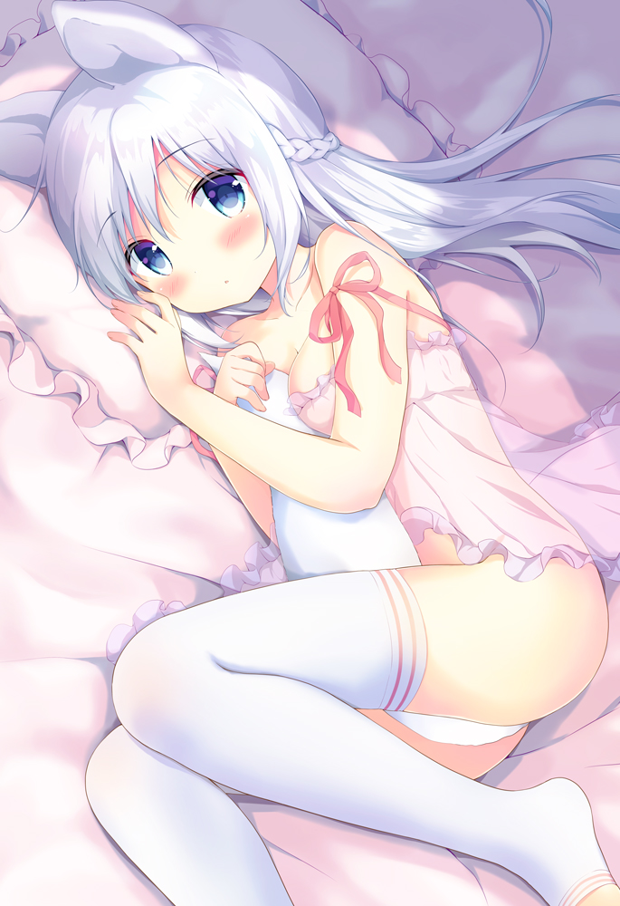 1girl amedamacon babydoll bangs between_breasts between_legs blue_eyes blush bottomless braid breasts closed_mouth dutch_angle eyebrows_visible_through_hair frilled_pillow frills grey_hair hair_between_eyes half_updo knees_together_feet_apart long_hair looking_at_viewer lying on_bed on_side original pillow see-through sidelocks small_breasts solo thigh-highs thighs white_hair